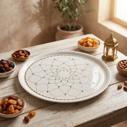 Decorative plate with intricate patterns on a wooden table with bowls of dried fruits.