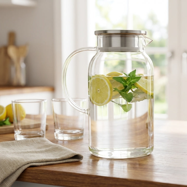 Glass pitcher with lemon and lime slices on a wooden table in a bright kitchen.