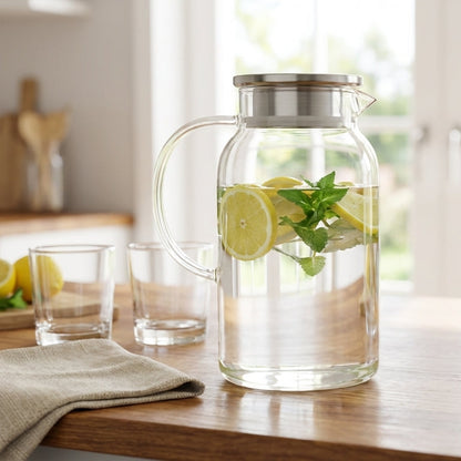 Glass pitcher with lemon and lime slices on a wooden table in a bright kitchen.