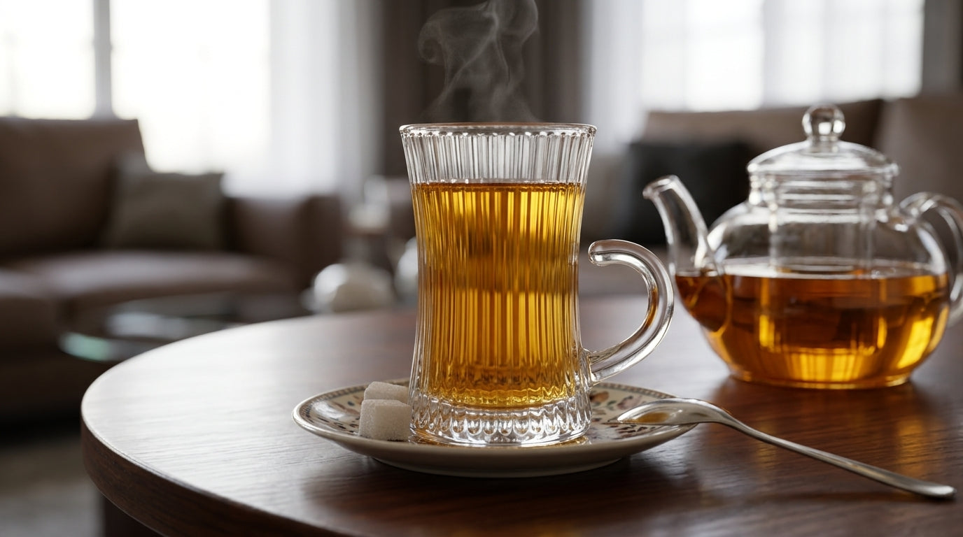 A clear glass mug filled with amber tea sits on a saucer with a spoon, next to a glass teapot on a round wooden table in a softly blurred living room.