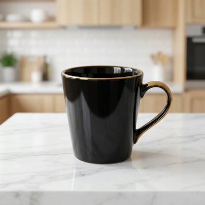 ☕ Elegant Black Porcelain Mug Set with Golden Rim | Coffee &amp; Tea Cups Set of 6