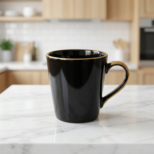 ☕ Elegant Black Porcelain Mug Set with Golden Rim | Coffee &amp; Tea Cups Set of 6