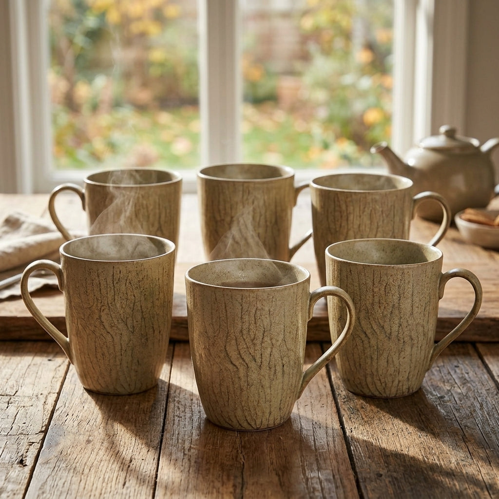 Set of ceramic mugs on a wooden table with a blurred garden view in the background