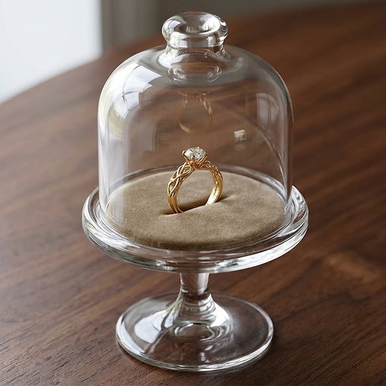 Gold ring on a sand-colored pillow under a glass dome on a wooden table.