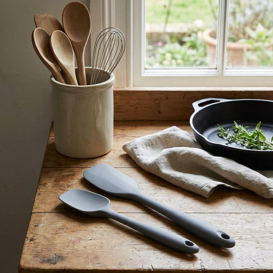 Kitchen utensils including wooden spoons and a whisk in a container on a wooden counter.