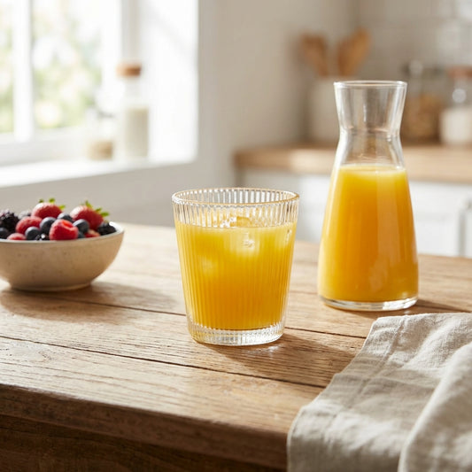 Glass of orange juice and carafe on a wooden table with a bowl of berries in the background.