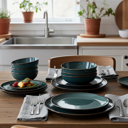 Teal ceramic dinnerware set on a wooden table with a kitchen background