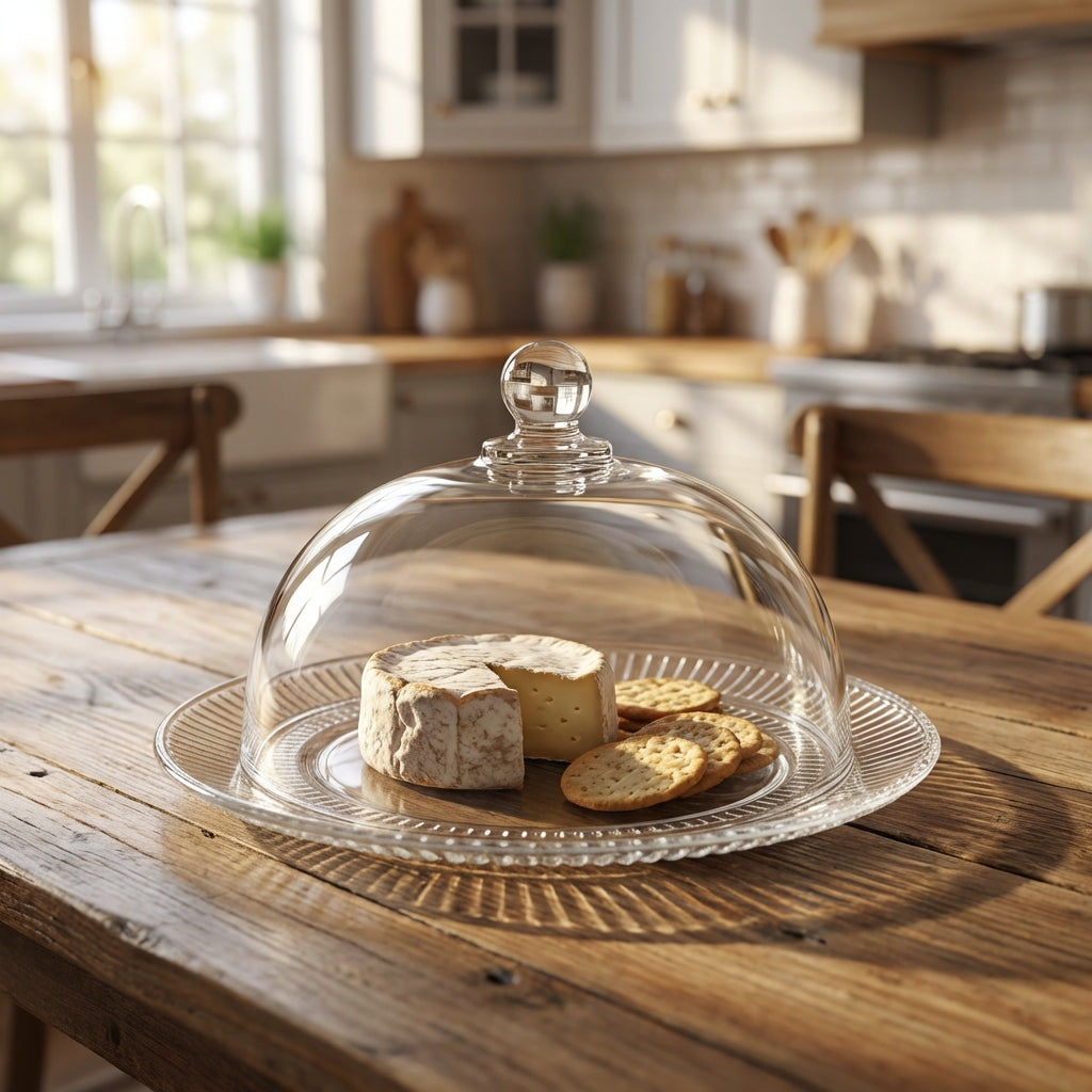Glass cloche with cheese and crackers on a wooden table in a kitchen.