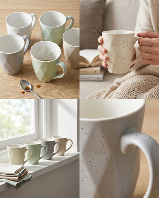 A four-panel collage showing ceramic mugs in soft pastel tones. One panel shows several mugs on a wooden table with a spoon nearby; another shows a hand holding a speckled cream mug in a cozy indoor setting; a third shows the mugs on a windowsill; the fourth is a close-up of a speckled cream mug handle and body.