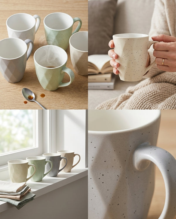 A four-panel collage showing ceramic mugs in soft pastel tones. One panel shows several mugs on a wooden table with a spoon nearby; another shows a hand holding a speckled cream mug in a cozy indoor setting; a third shows the mugs on a windowsill; the fourth is a close-up of a speckled cream mug handle and body.