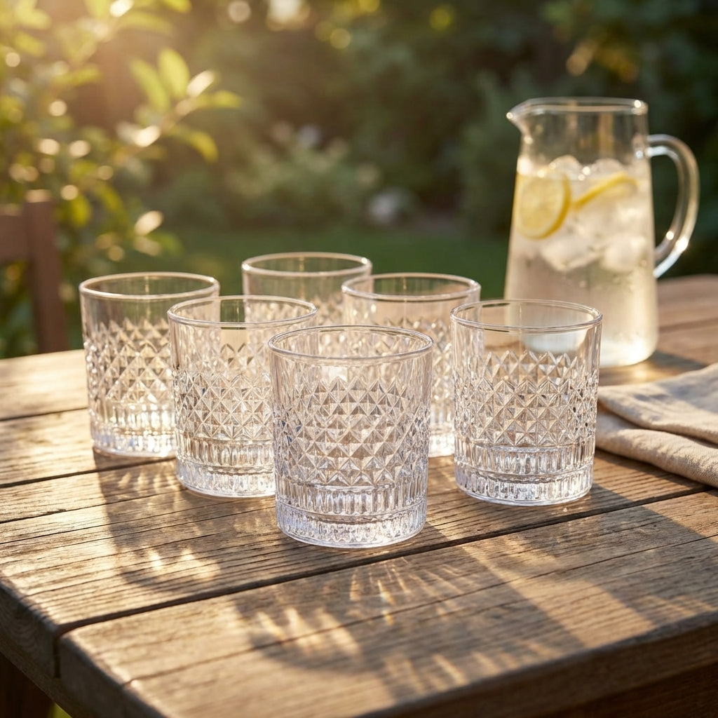 Set of clear glass tumblers and a pitcher on a wooden table outdoors.