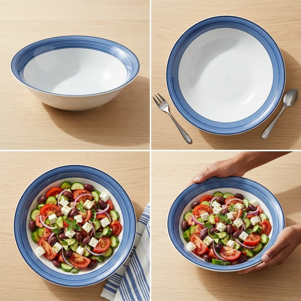 Set of blue and white ceramic bowls with a salad on a wooden surface.