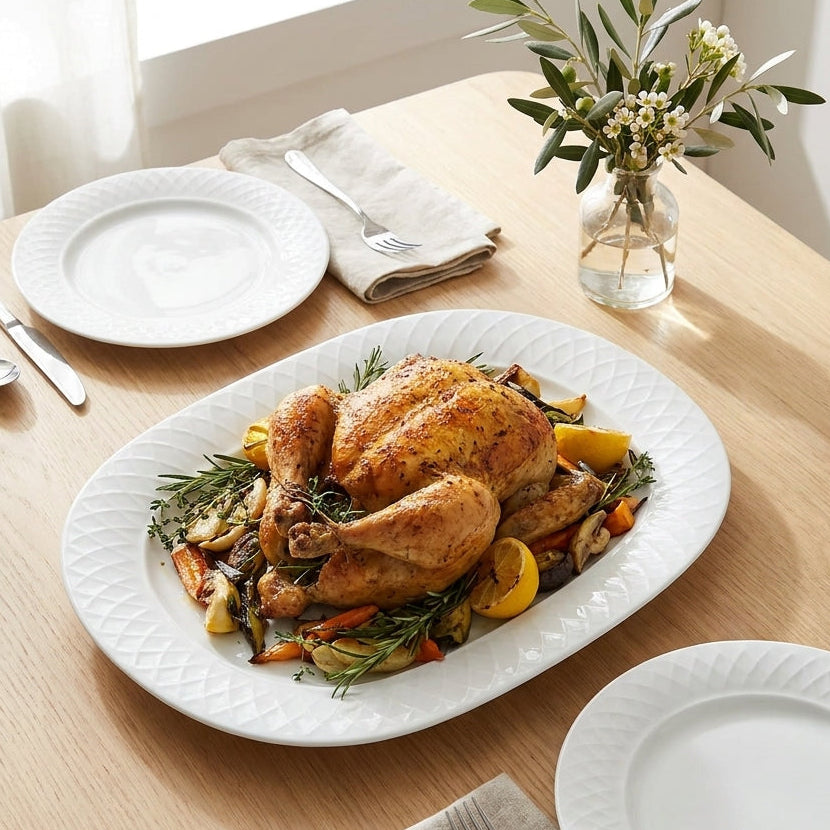 Roasted turkey on a platter with vegetables on a dining table set for a meal.