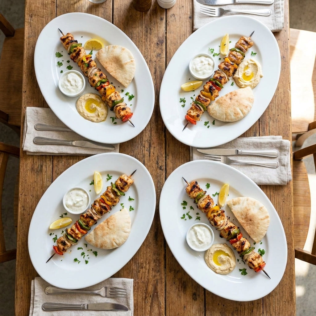 Four plates of skewered vegetables, pita bread, and hummus on a wooden table.