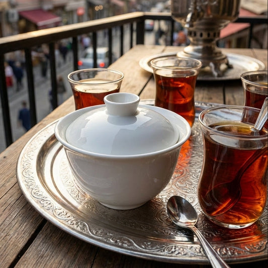 Tea set with a white bowl, glasses, and samovar on a balcony with cityscape background
