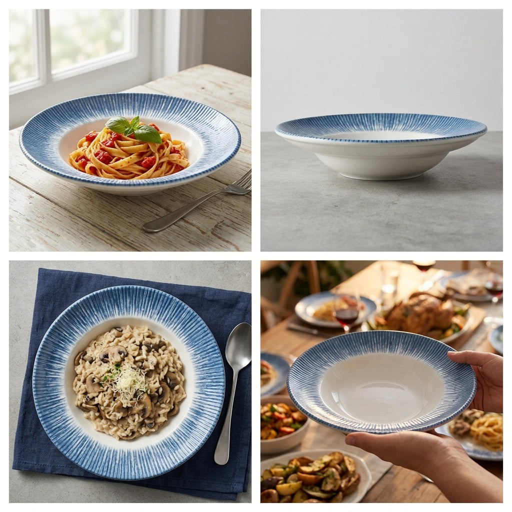 A four-panel collage showing a white ceramic deep bowl with a blue radial textured rim, styled with pasta and creamy dishes on a table, with one panel showing a hand holding the empty bowl.