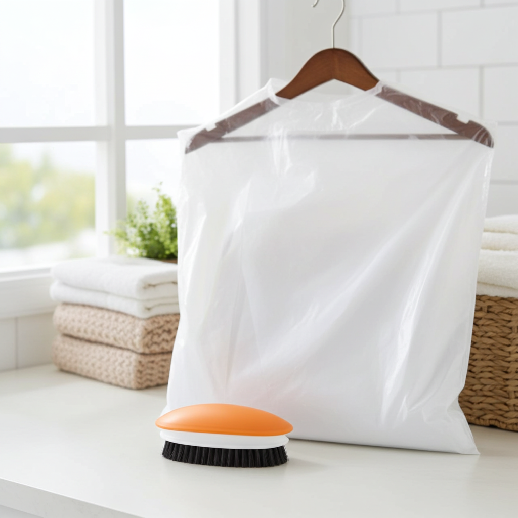Clear garment bag on a hanger with an orange and black brush on a white surface.