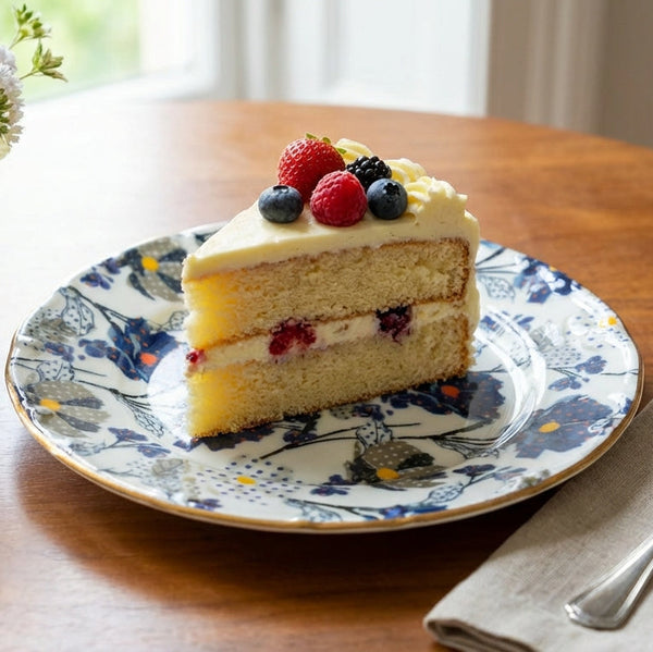 Slice of layered cake with berries on a decorative plate with a vase of flowers and fork in the background.