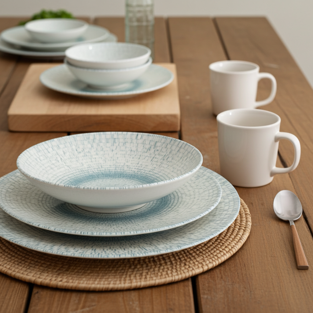 Dinnerware set with bowls, plates, and mugs on a wooden table.
