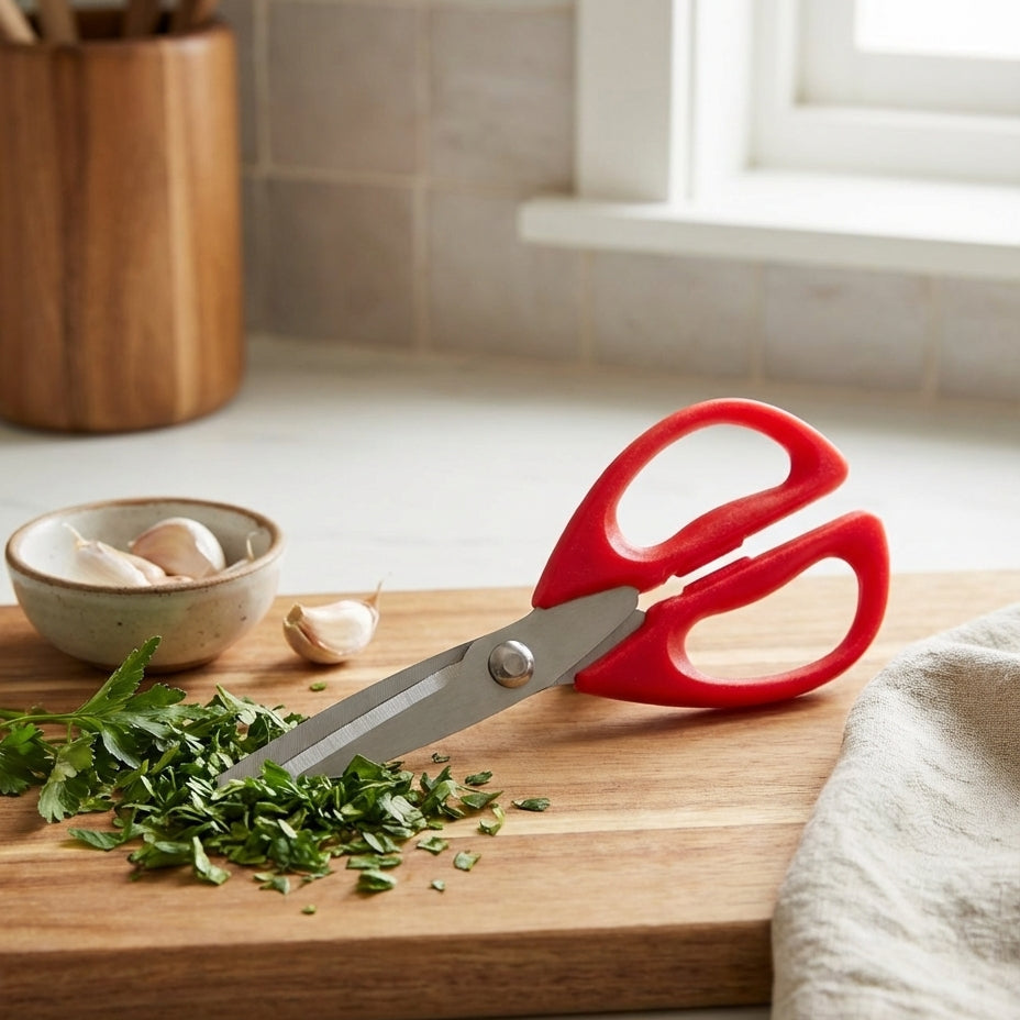Red kitchen shears on a wooden cutting board with chopped herbs and garlic, in a kitchen setting.