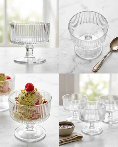 Dessert Coupe Glass Bowls Set of 6 | 180 ml Ribbed Glass Ice Cream Cups