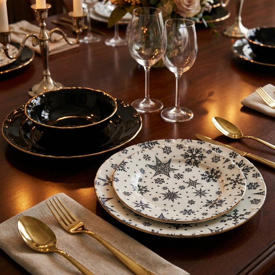 Dining table set with black and white plates, gold cutlery, and candles in a cozy setting.