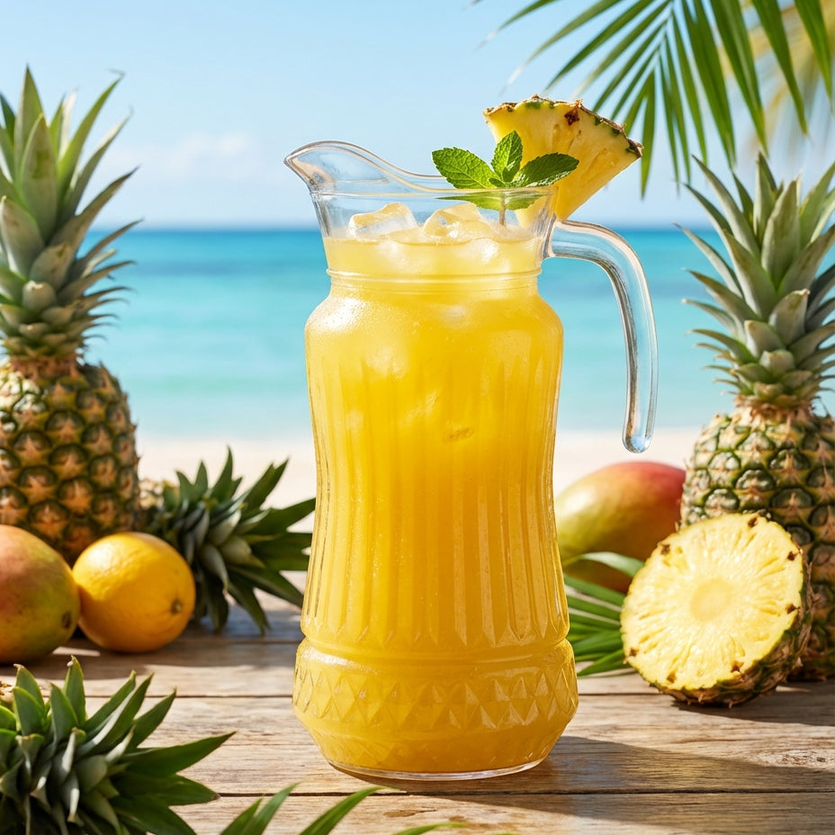 Glass pitcher of pineapple juice with fresh pineapples and lemons on a beach setting
