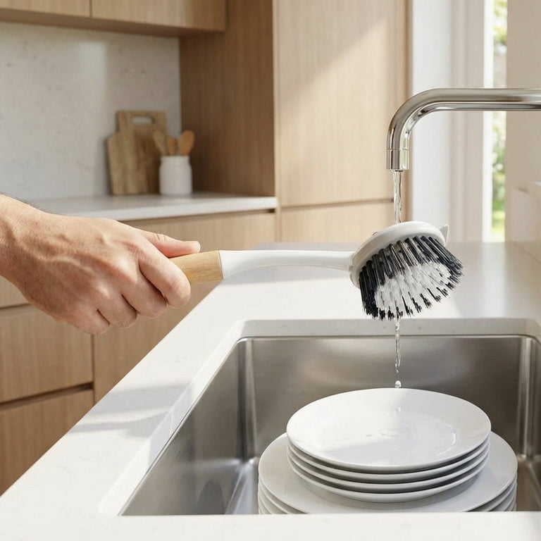 Person washing dishes in a modern kitchen sink with a window in the background