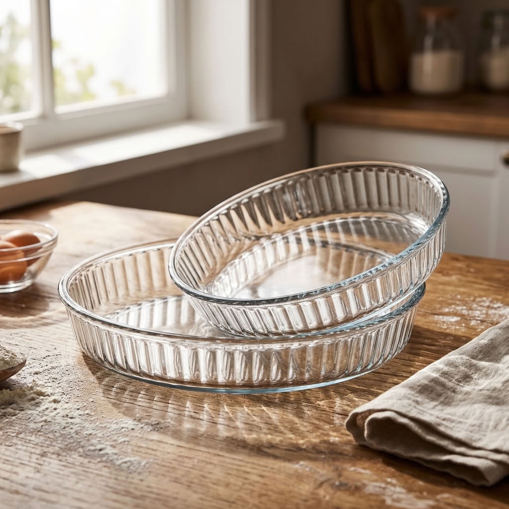 Close-up of two round clear glass baking dishes