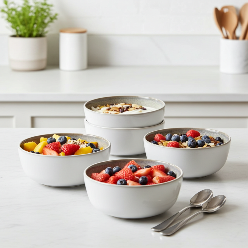 Set of bowls with fruit and granola on a kitchen counter