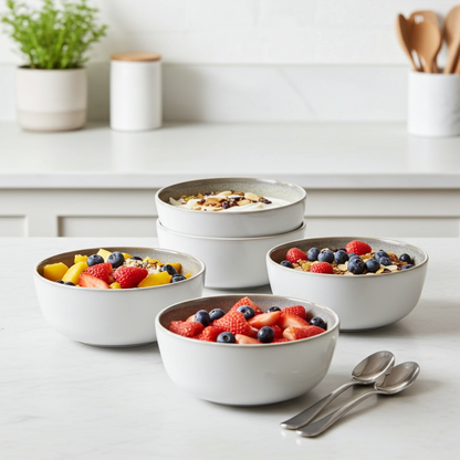 Set of bowls with fruit and granola on a kitchen counter
