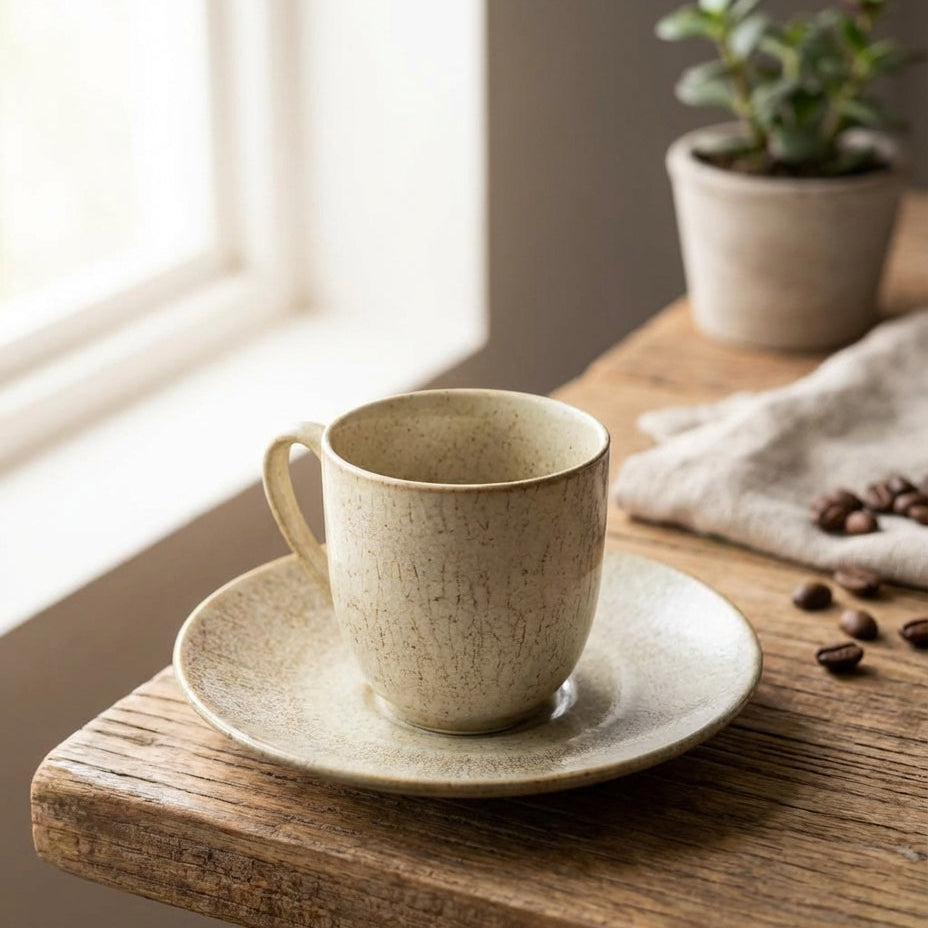 Ceramic cup and saucer on a wooden table with coffee beans and a plant in the background.