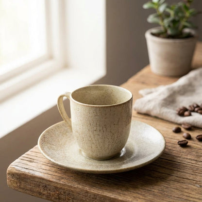 Ceramic cup and saucer on a wooden table with coffee beans and a plant in the background.