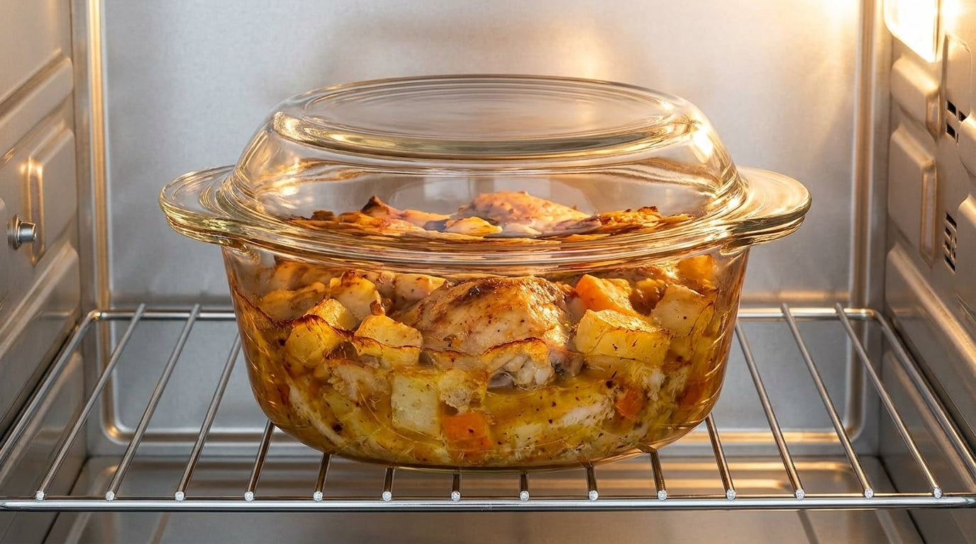 Glass baking dish with food inside an oven