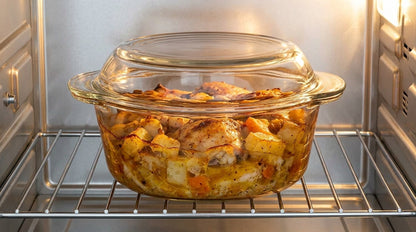 Glass baking dish with food inside an oven