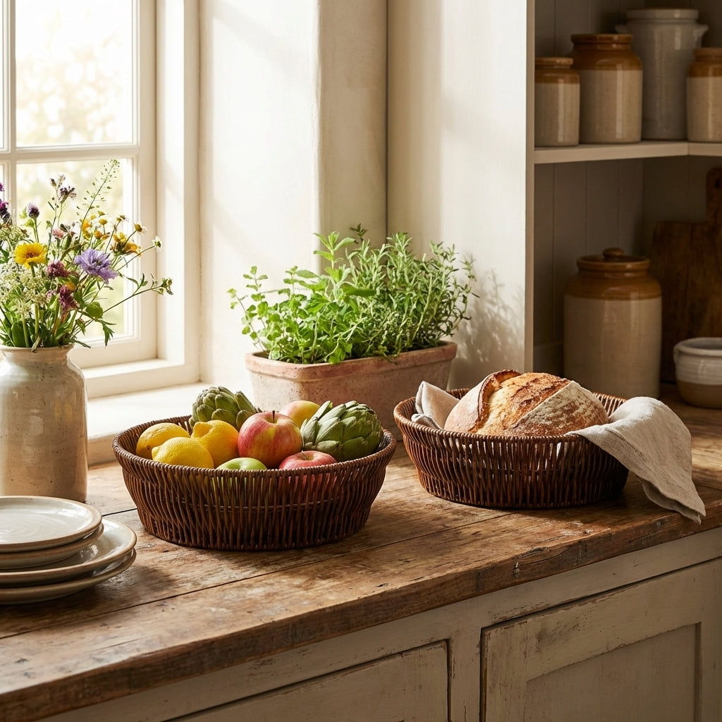 Kitchen counter with fruit bowl, bread basket, and potted plants near a window.