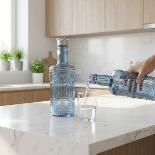 Person pouring water from a bottle into a glass in a kitchen.