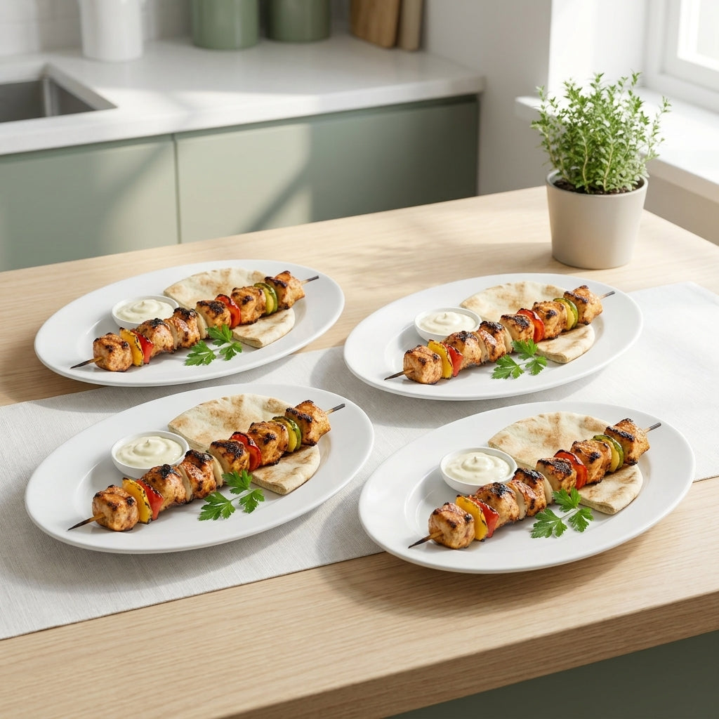 Four plates of skewered chicken and vegetables on a wooden table with a kitchen background.