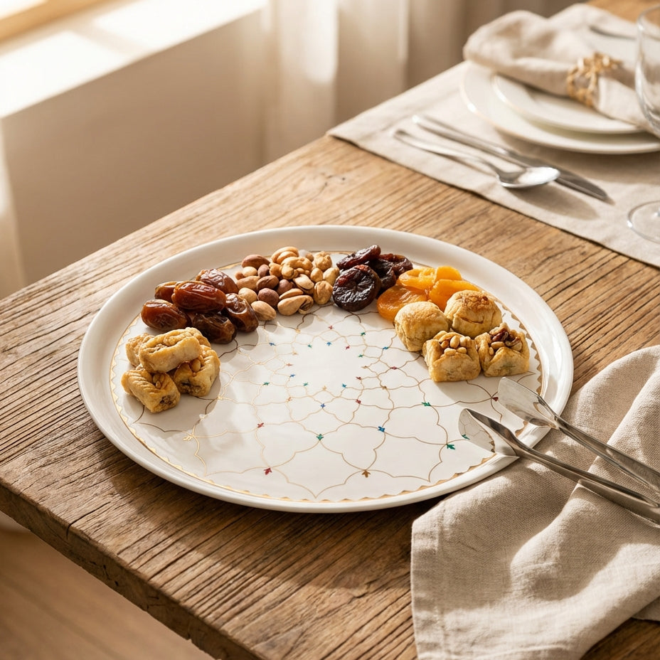 Dessert plate with cookies, dried fruits, and nuts on a wooden table.