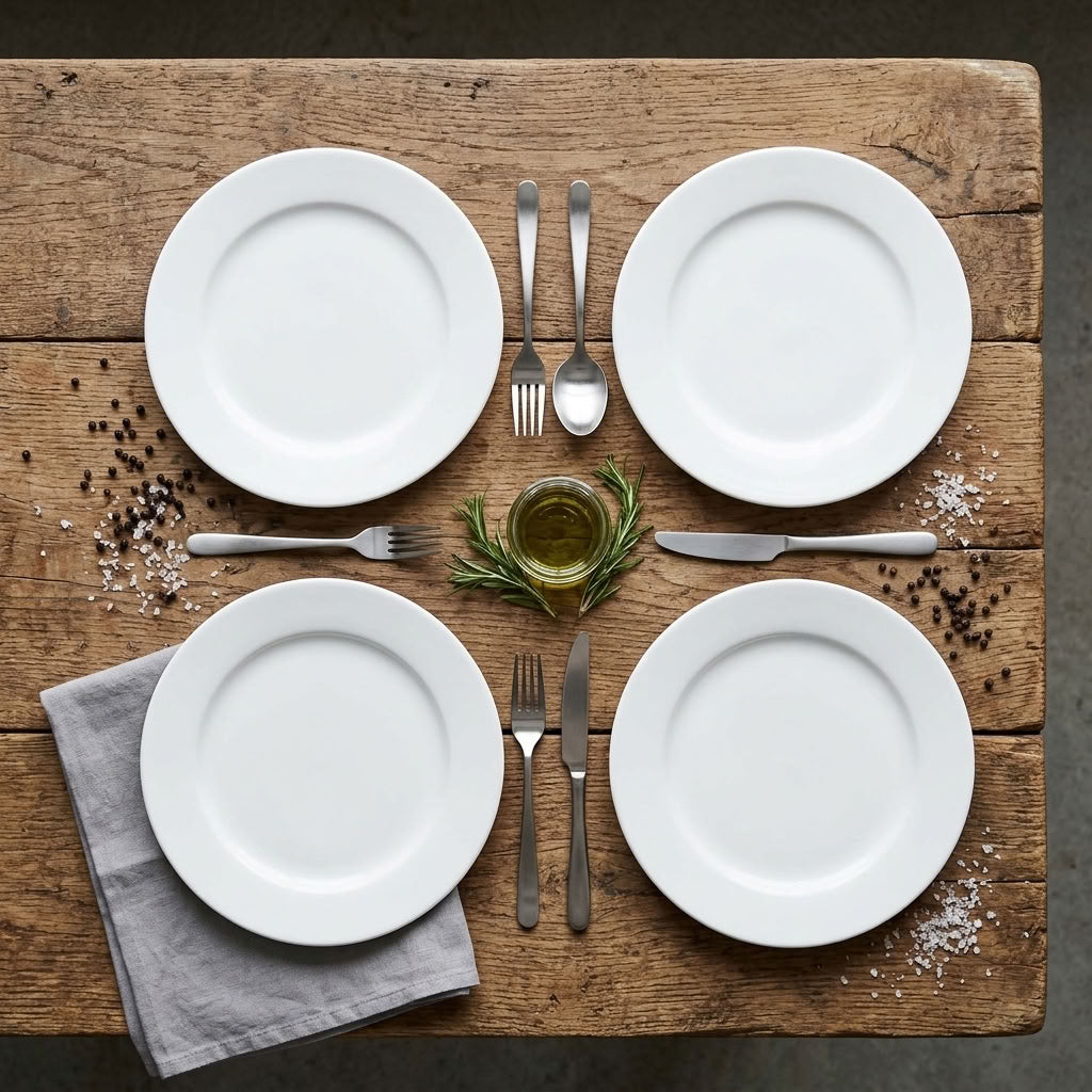Four white ceramic dinner plates arranged on a rustic wooden table, each set with silver cutlery and garnished with salt, pepper, and a small glass of olive oil. A folded gray napkin is placed under the lower-left plate, and rosemary sits in the center.