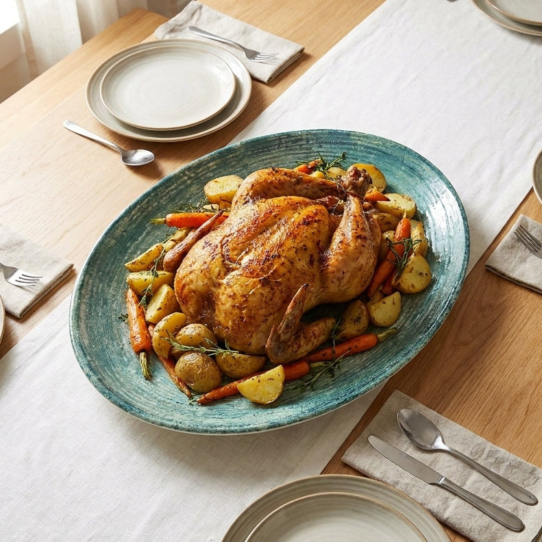 Roasted chicken with vegetables on a blue platter on a set dining table.