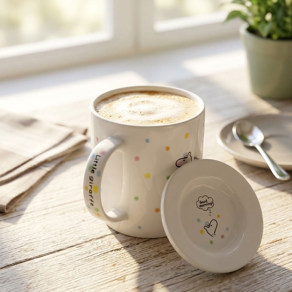 A white ceramic coffee mug with colorful polka dots and 'little giraffe' printed on the handle, shown filled with coffee on a wooden table next to its matching lid. A spoon and napkin are visible in a softly lit indoor setting.