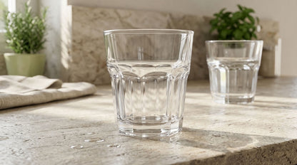 Clear faceted tumbler on a table