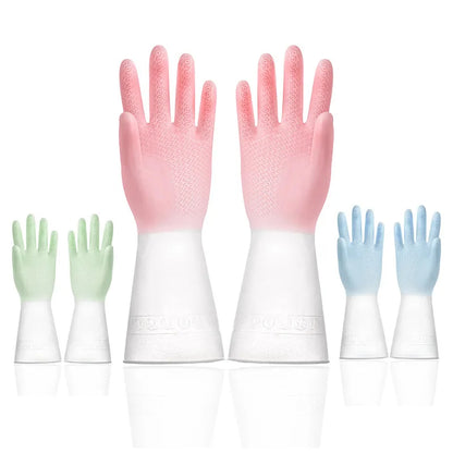 Set of three pairs of gloves with pink, green, and blue color variations on a white background.