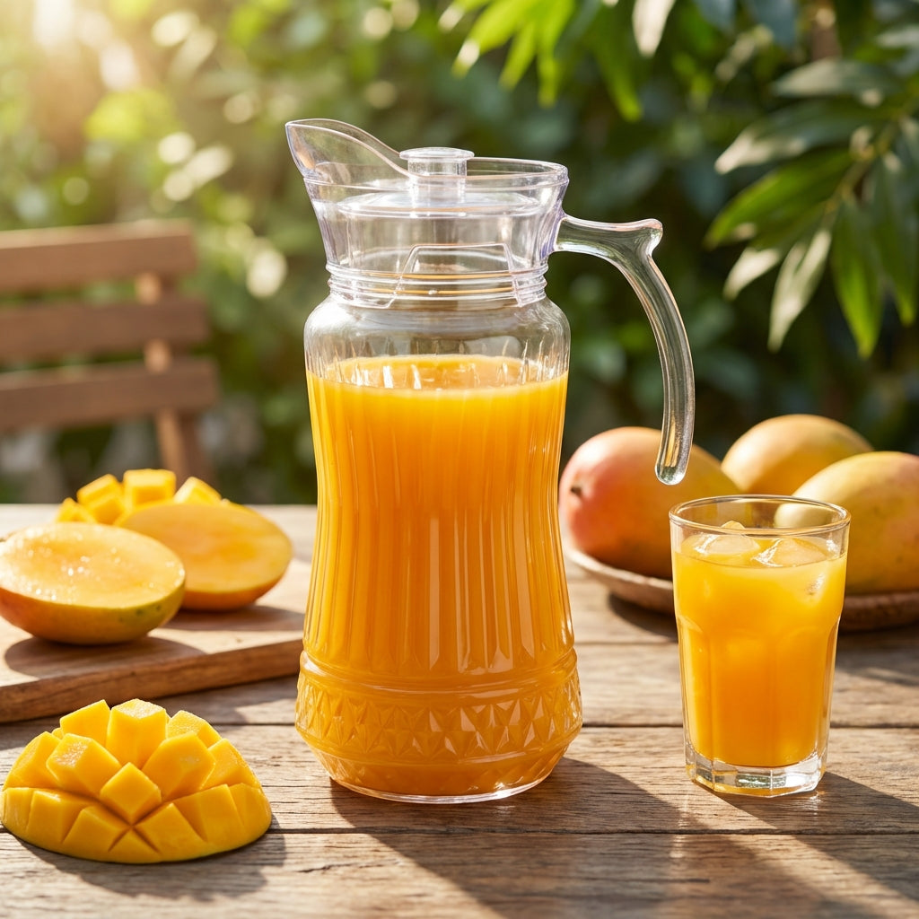 Clear glass pitcher and glass filled with orange juice next to mangoes on a wooden table outdoors.