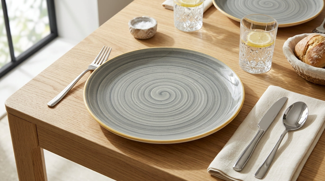 A round gray ceramic dinner plate with a yellow rim and concentric swirl pattern, styled on a wooden dining table with silver cutlery, glasses with lemon slices, and bread.