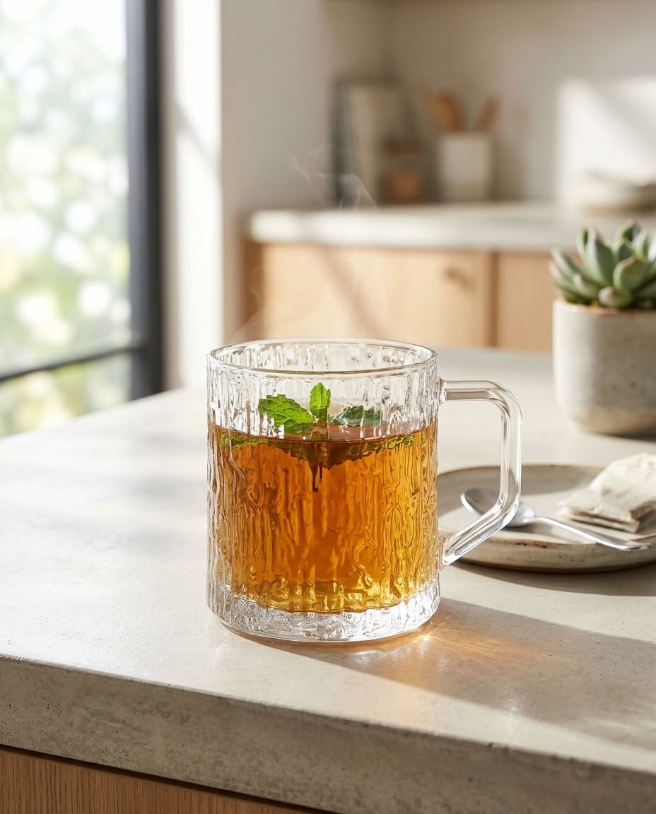 Rainfall Glass Mug – 355ml Set of 6 | Modern Clear Drinking Mugs