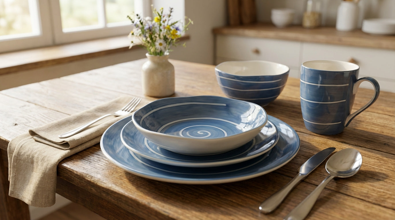 Blue ceramic tableware set on a wooden table with a neutral color scheme.