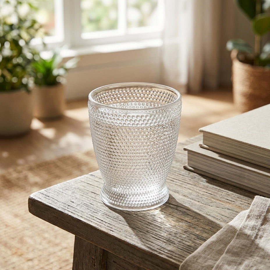 A clear textured glass tumbler with a dimpled honeycomb pattern sits on a rustic wooden table in a sunlit room, with books and potted plants softly blurred in the background.