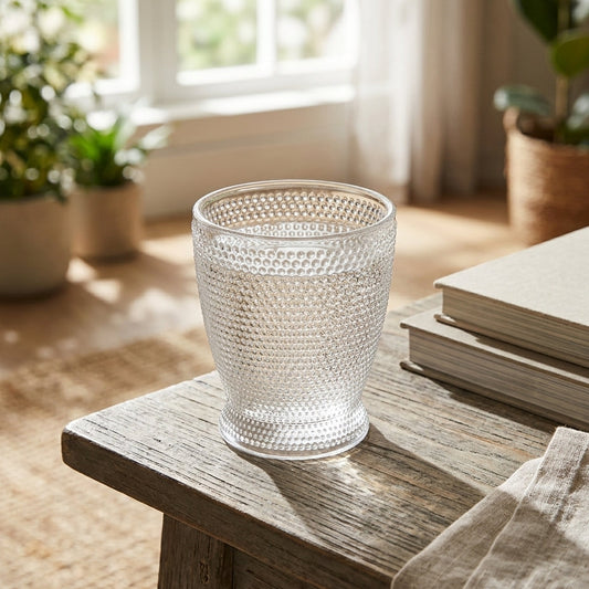 A clear textured glass tumbler with a dimpled honeycomb pattern sits on a rustic wooden table in a sunlit room, with books and potted plants softly blurred in the background.